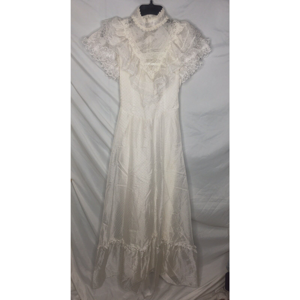 White Dotted Swiss Lacey Maxi Dress Formal Wear Short Sleeve Size XS Juniors 70s